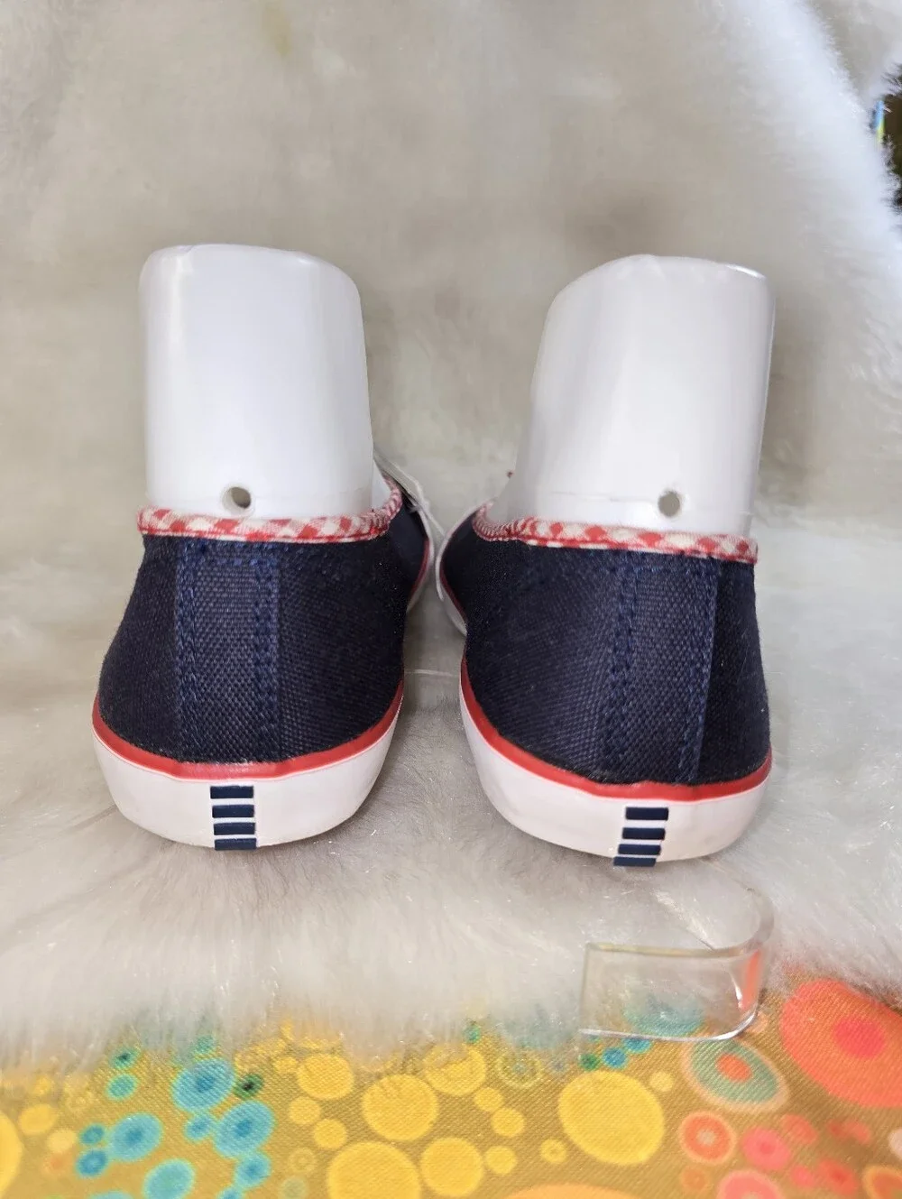 Lands End Girls Navy Canvas Ballet Flats with Red Gingham Trim & Bow